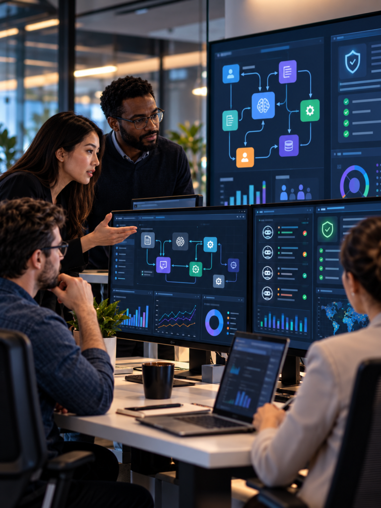 AI orchestration team reviewing workflow dashboards, governance controls, model evaluation, and business outcome metrics.