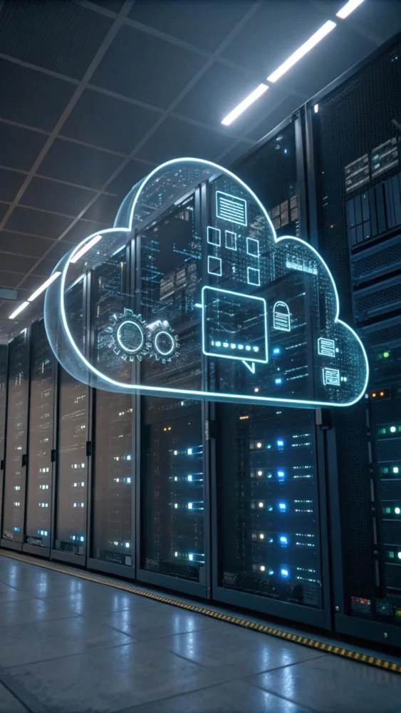 Modern data center with rows of high performance computing servers supporting AI workloads and cloud infrastructure operations.