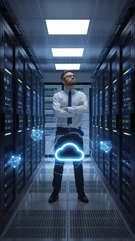 Modern data center with rows of high performance computing servers supporting AI workloads and cloud infrastructure operations.
