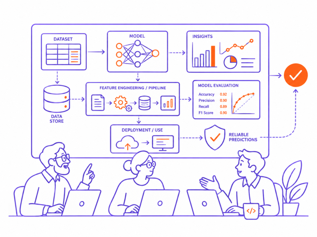 Data science workflow illustration showing dataset preparation, modeling, feature engineering, model evaluation, insights, and reliable predictions.