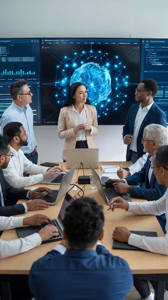 Technology executives reviewing enterprise software architecture and AI governance dashboards during a technology planning meeting.