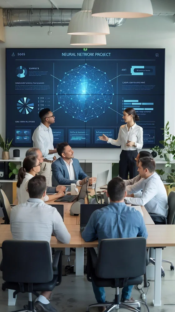 Technology executives reviewing enterprise software architecture and AI governance dashboards during a technology planning meeting.
