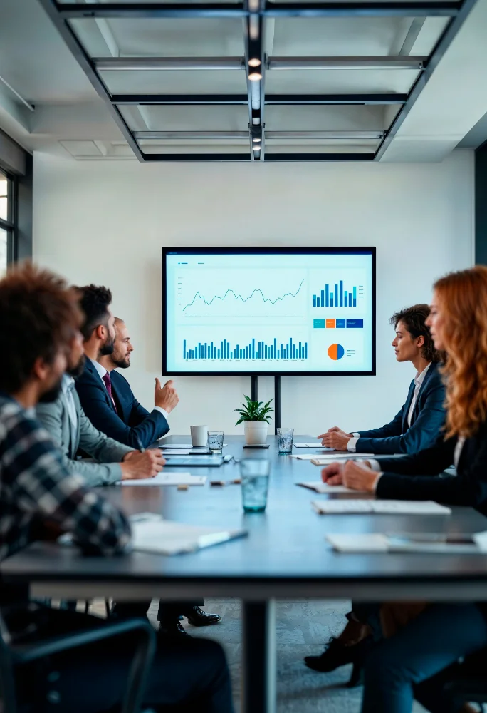 Technology executives reviewing enterprise software architecture and AI governance dashboards during a technology planning meeting.