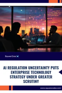 Technology executives reviewing enterprise software architecture and AI governance dashboards during a technology planning meeting.Technology executives reviewing enterprise software architecture and AI governance dashboards during a technology planning meeting.