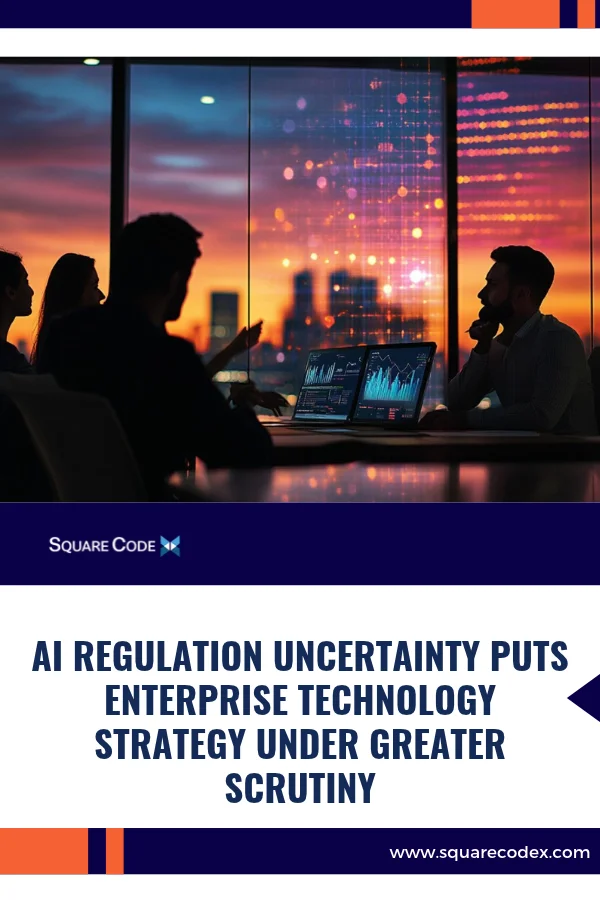 Technology executives reviewing enterprise software architecture and AI governance dashboards during a technology planning meeting.Technology executives reviewing enterprise software architecture and AI governance dashboards during a technology planning meeting.