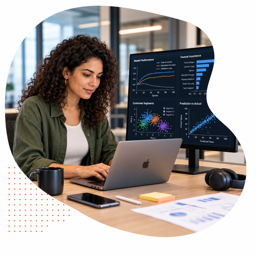 Senior Data Scientist working on a laptop beside a machine learning dashboard with model performance charts and predictive analytics metrics.