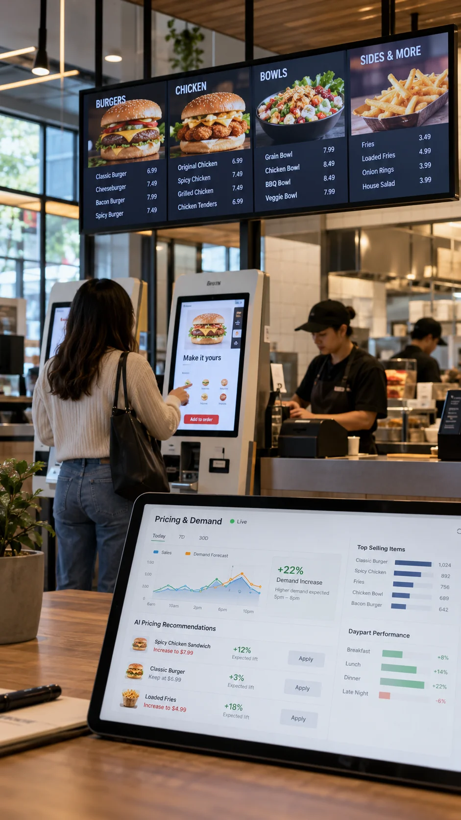 Restaurant pricing dashboard showing machine learning recommendations, transaction data, local market signals, and human review for AI-powered pricing