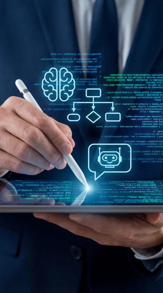 Enterprise technology team reviewing AI maturity metrics, workflow integration, governance controls, and business value dashboards