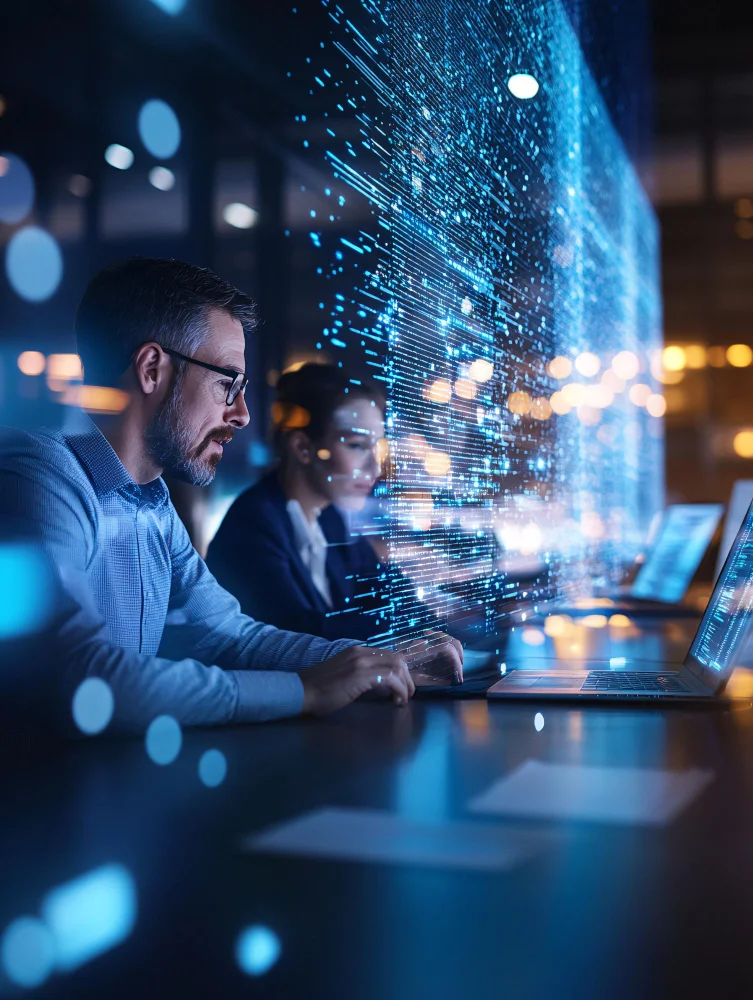 Enterprise technology team reviewing AI maturity metrics, workflow integration, governance controls, and business value dashboards