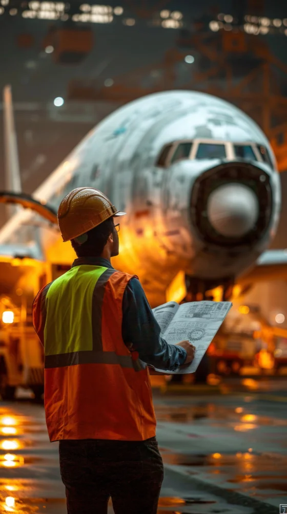 Aircraft maintenance technicians reviewing digital maintenance records and component information beside a commercial cargo aircraft in a hangar.