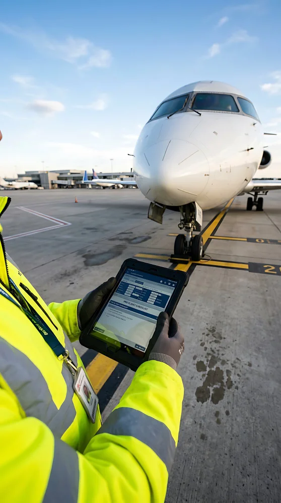Aircraft maintenance technicians reviewing digital maintenance records and component information beside a commercial cargo aircraft in a hangar.