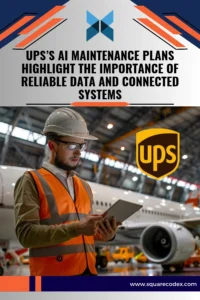 Aircraft maintenance technicians reviewing digital maintenance records and component information beside a commercial cargo aircraft in a hangar.