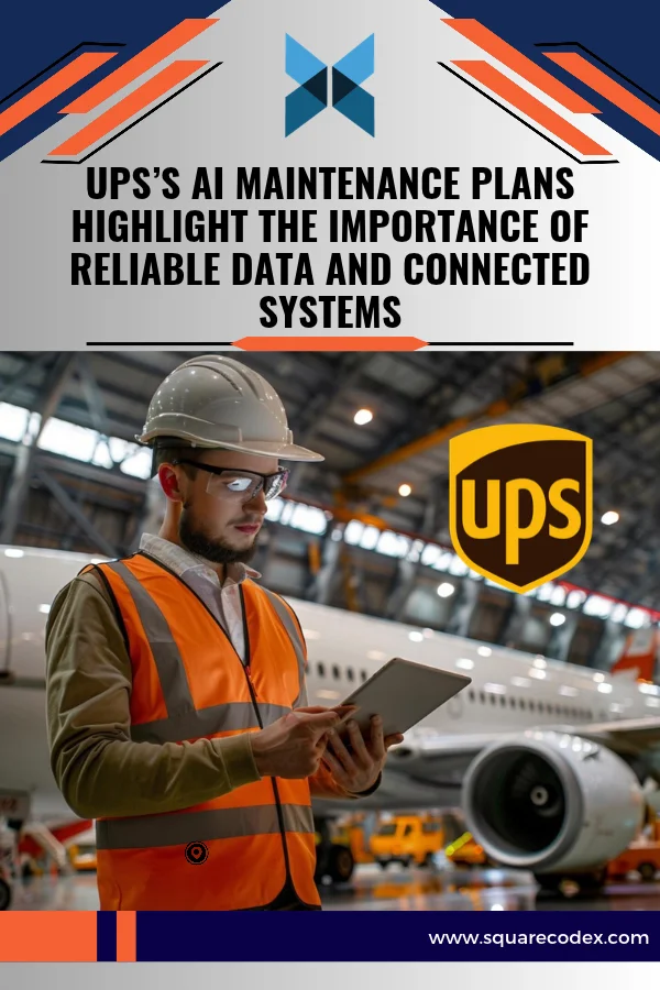 Aircraft maintenance technicians reviewing digital maintenance records and component information beside a commercial cargo aircraft in a hangar.