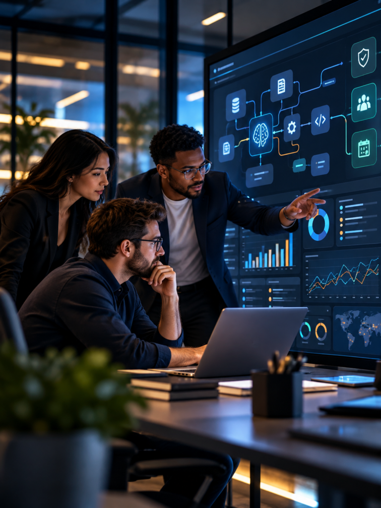AI orchestration team reviewing workflow, governance, security, and business outcome dashboards for structured AI adoption.